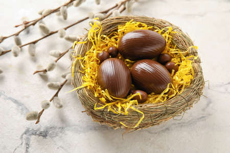 Nest with chocolate Easter eggs on light background