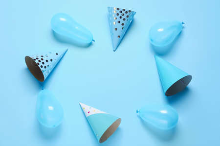Festive composition with air balloons on color background