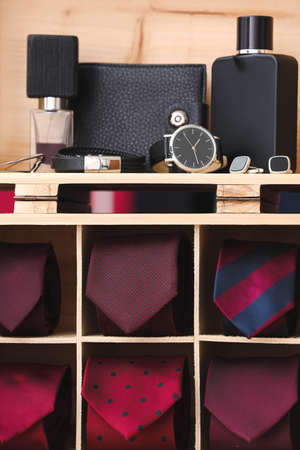 Stand with stylish male accessories, closeupの写真素材