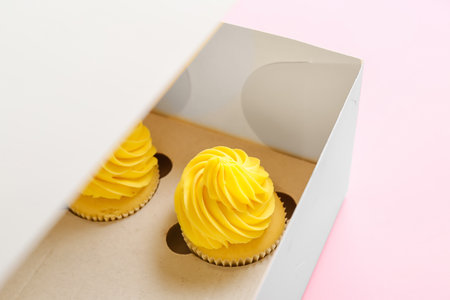 Box with tasty cupcakes on color background, closeupの写真素材