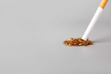 Whole cigarette and tobacco on light backgroundの写真素材