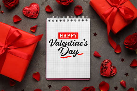 Beautiful greeting card for Happy Valentines Day with notebook and gifts