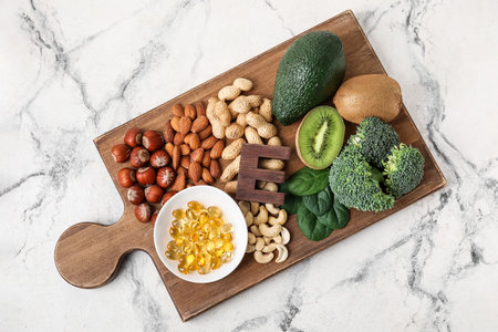 Board with fish oil capsules and healthy products rich in vitamin E on light backgroundの写真素材