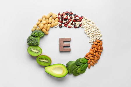 Frame made of healthy products rich in vitamin E on white backgroundの写真素材