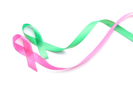Pink and green ribbons on white background. Cancer conceptの写真素材