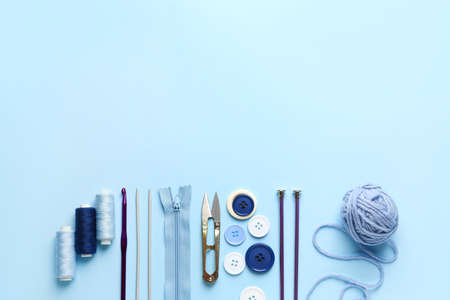 Composition with knitting supplies on color backgroundの写真素材
