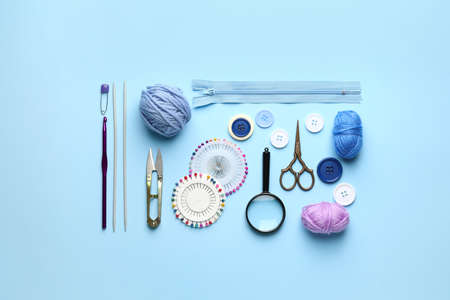 Composition with knitting supplies on color backgroundの写真素材