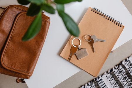 Keys with notebook and bag on table in roomの写真素材