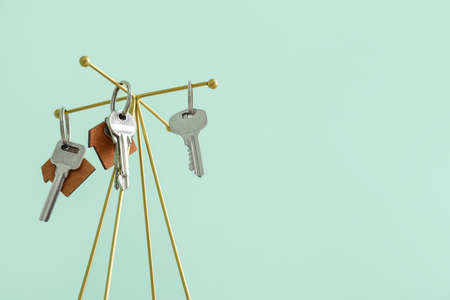 Holder with keys on color background, closeup