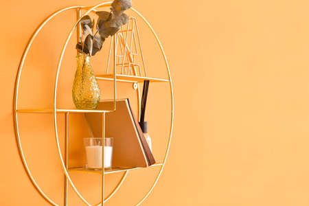 Modern shelf with books and decor hanging on color wallの写真素材