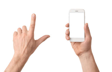 Man with mobile phone on white background
