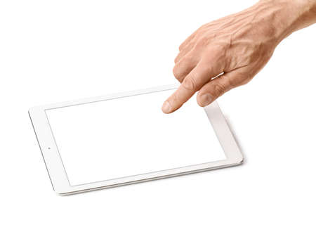 Man with tablet computer on white background