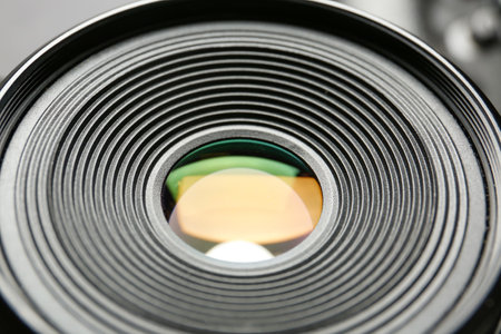 Camera lens on dark background, closeupの写真素材