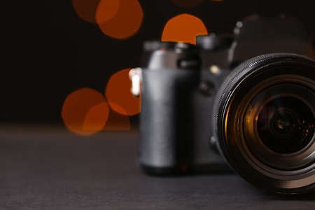 Digital camera on blurred background, closeupの写真素材