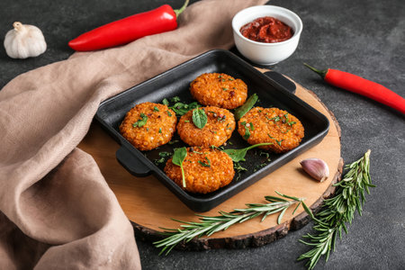 Frying pan with tasty lentil cutlets on dark backgroundの写真素材