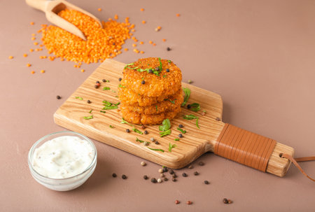 Board with tasty lentil cutlets on color backgroundの写真素材