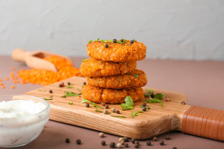 Board with tasty lentil cutlets on tableの写真素材