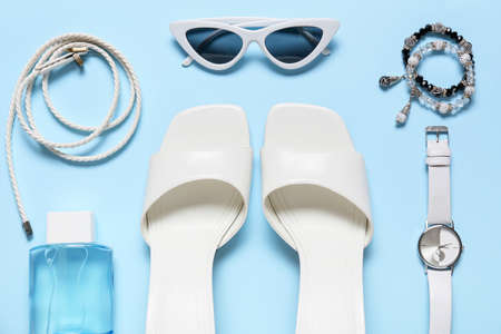 Stylish female accessories on color backgroundの写真素材