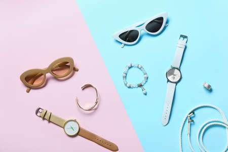Stylish female accessories on color backgroundの写真素材