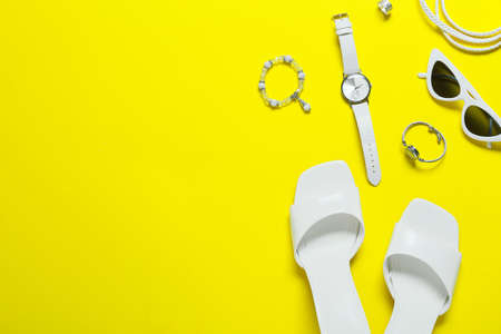 Stylish female accessories on color backgroundの写真素材