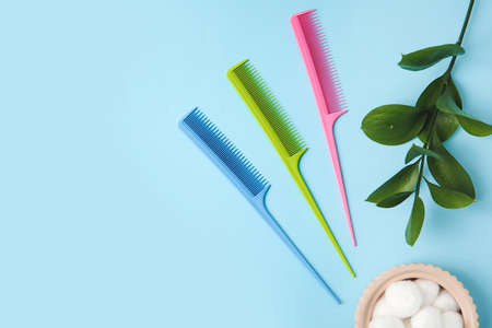 Different hair combs and cotton balls on color background