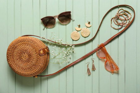 Set of female accessories with stylish bag on color wooden backgroundの写真素材