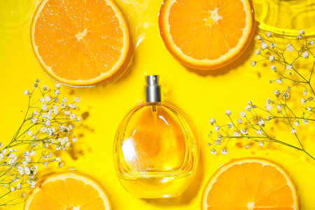 Bottle of perfume, orange and flowers in water on color background