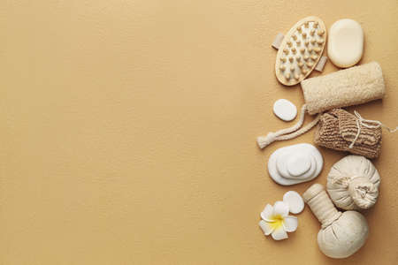 Set of spa supplies on color backgroundの写真素材