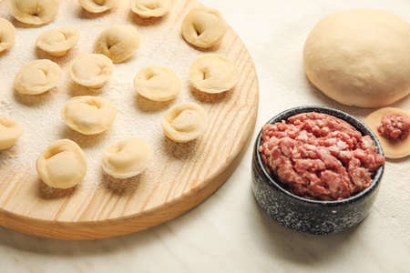 Raw dumplings and ingredients on light backgroundの写真素材