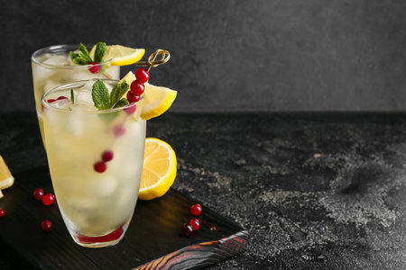 Glasses of cold green tea on dark backgroundの写真素材