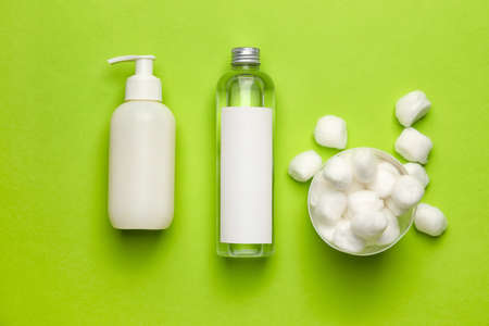 Composition with soft cotton wool on color backgroundの写真素材