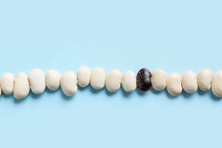 Black bean among white ones on color background. Concept of uniquenessの写真素材