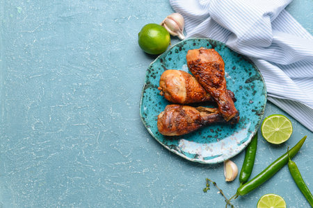 Plate with tasty cooked chicken drumsticks on color backgroundの写真素材