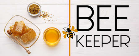 Bowl of honey and combs with bee pollen on white wooden background