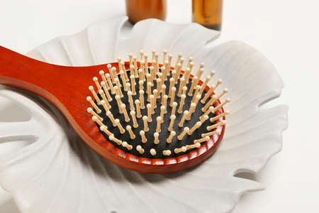 Plate with hair brush on white background, closeupの写真素材