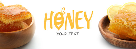 Sweet honeycombs on white background with space for textの写真素材