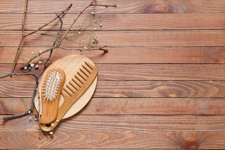 Composition with hair brush, comb and tree branches on wooden backgroundの写真素材