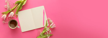 Composition with blank notebook, beautiful flowers and cup of coffee on color background with space for textの写真素材