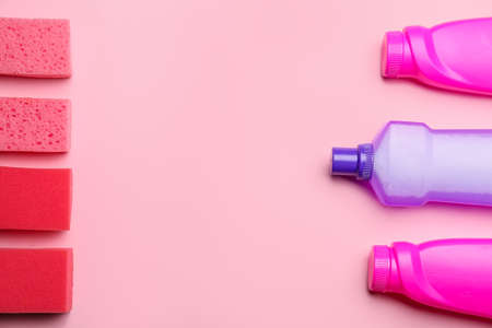 Set of cleaning supplies on color backgroundの写真素材