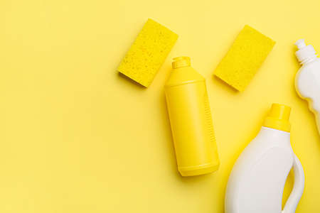 Set of cleaning supplies on color backgroundの写真素材