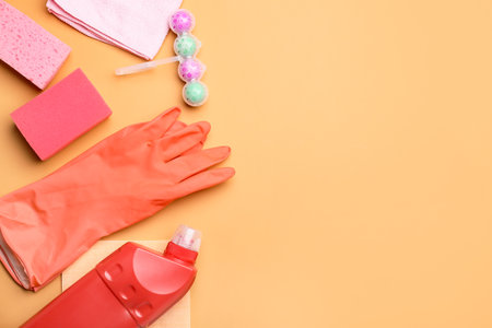 Set of cleaning supplies on color backgroundの写真素材