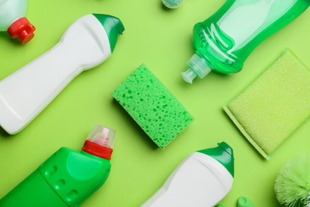 Set of cleaning supplies on color backgroundの写真素材