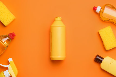 Set of cleaning supplies on color backgroundの写真素材