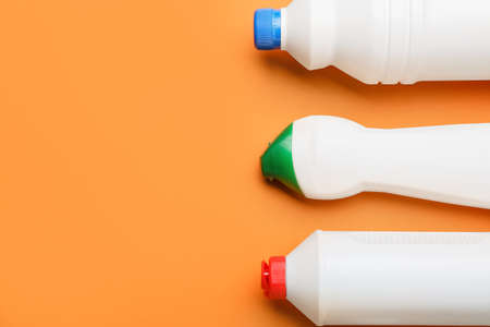 Set of cleaning supplies on color backgroundの写真素材