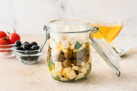 Jar with tasty feta cheese, oil and olives on light backgroundの写真素材