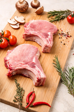 Board with slices of raw pork meat, spices and vegetables on light backgroundの写真素材