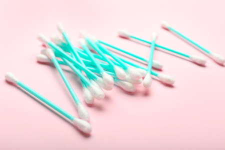 Cotton swabs on color background, closeupの写真素材