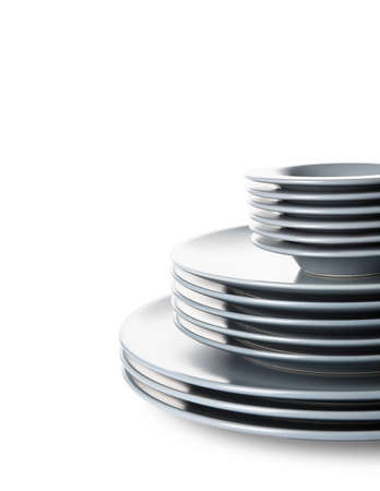 Set of gray clean dishes on white backgroundの写真素材