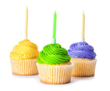 Tasty Birthday cupcakes with candles on white backgroundの写真素材