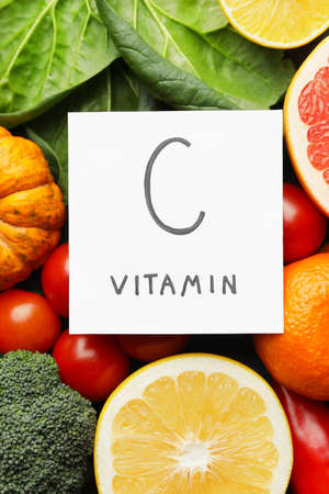 Text C VITAMIN and healthy products as backgroundの写真素材